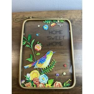 Home Sweet Home Bird Floral Glass Wall Sign Gold Frame Hanging Decor